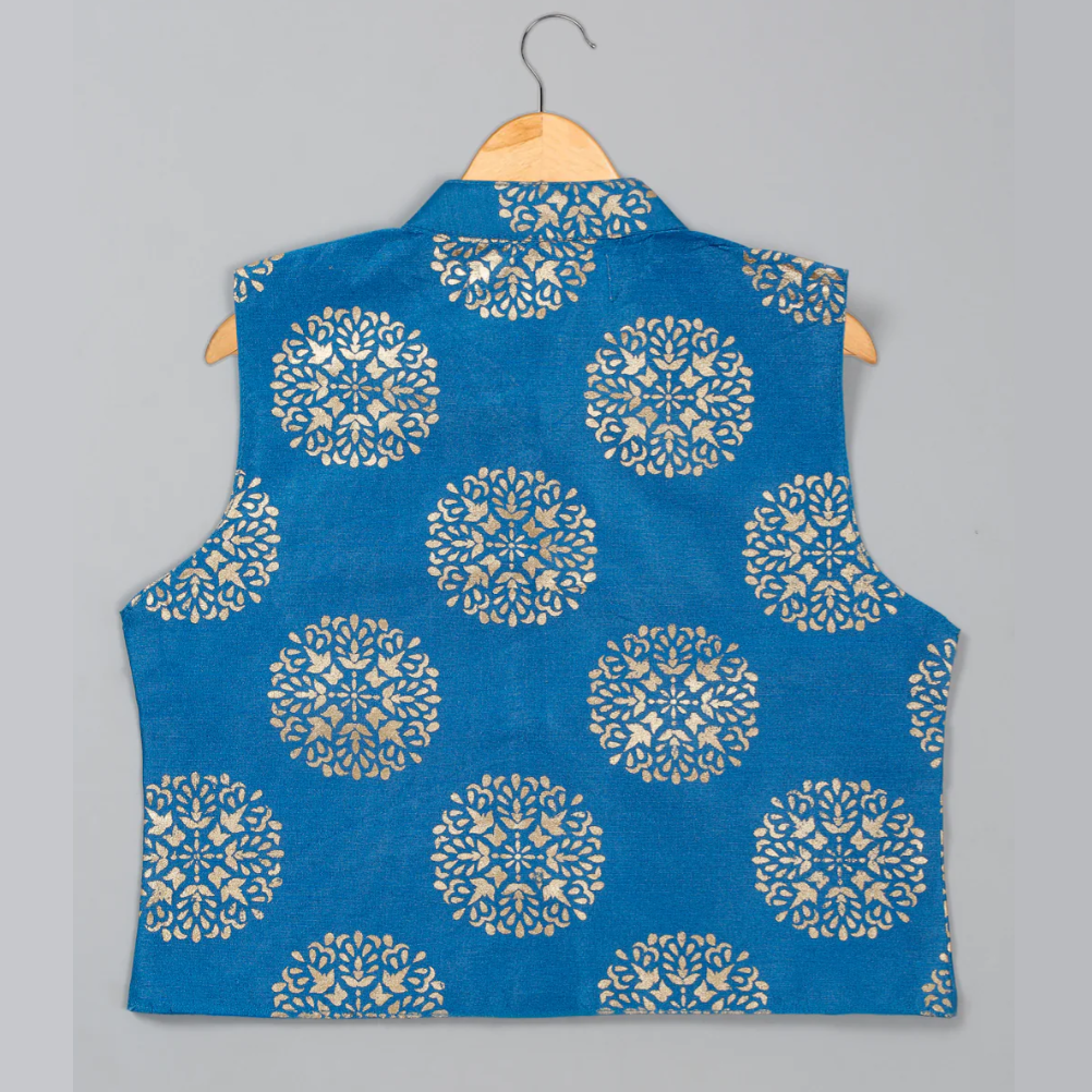 Boys' Beige Kurta Pajama With Blue Printed Jacket Ensemble - Mitthu Kids Ethnic Wear