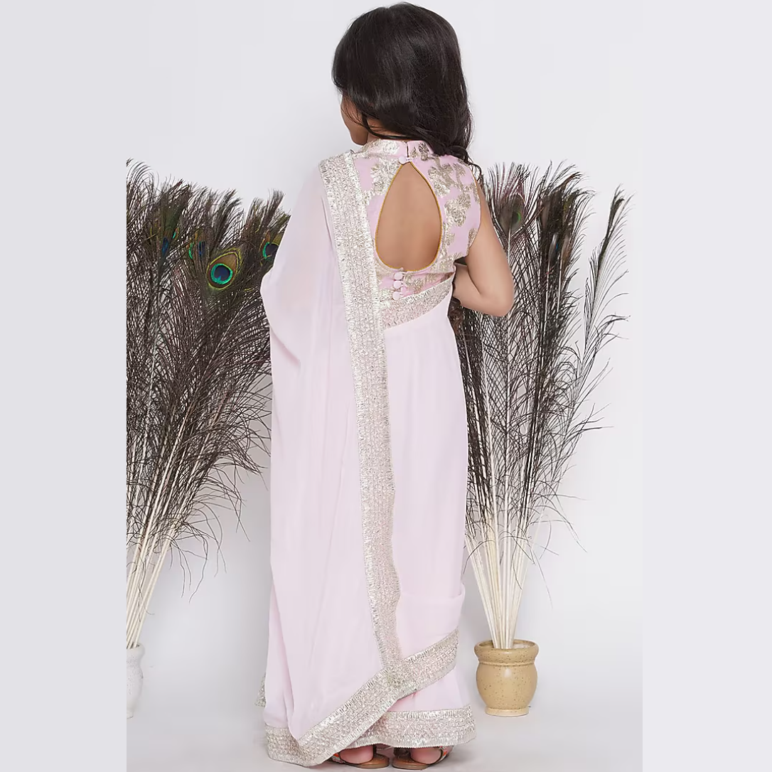 Girls Ready to Wear Georgette Saree with Embroidered Blouse - Pink - Mitthu Kids Ethnic Wear