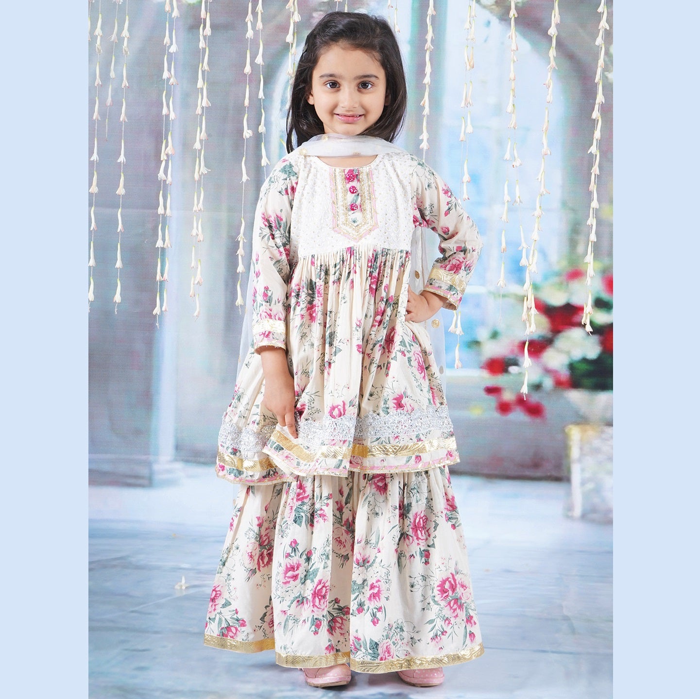 Girls Cotton Kurta Sharara and Dupatta with Floral Print - Beige & Off-White - Mitthu Kids Ethnic Wear