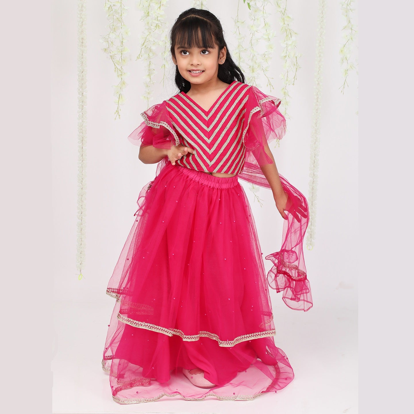 Hot Pink & Gold Choli With Lehenga  & Dupatta - Mitthu Kids Ethnic Wear