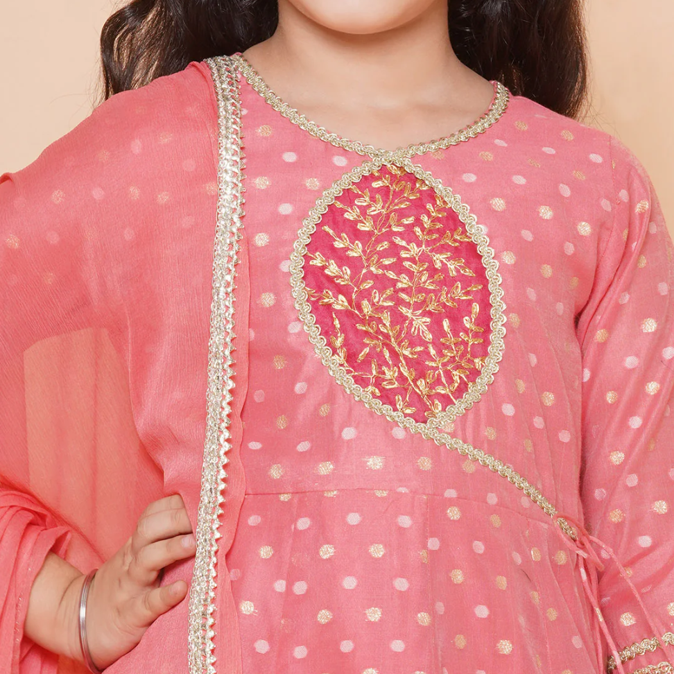 Girls Peach Self design Booti Angrakha Gotta Patti Kurta & with Trouser & Dupatta - Mitthu Kids Ethnic Wear