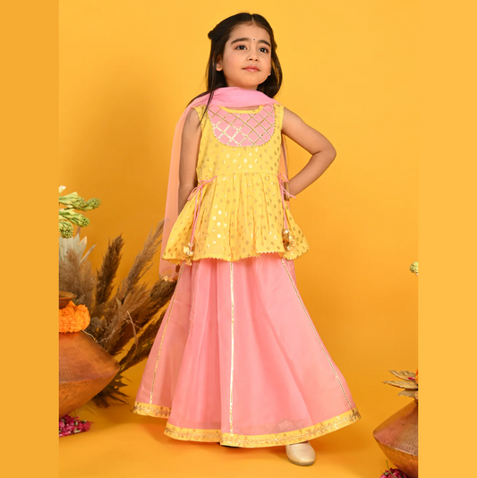 Girls Printed Lehenga Choli With Dupatta - Yellow & Pink - Mitthu Kids Ethnic Wear