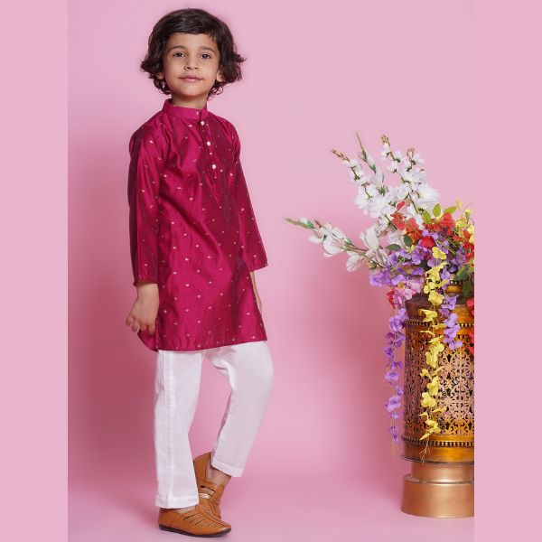 Cotton Silk Full Sleeves Zari Embroidered Kurta with Pyjama -Hot Pink - Mitthu Kids Ethnic Wear