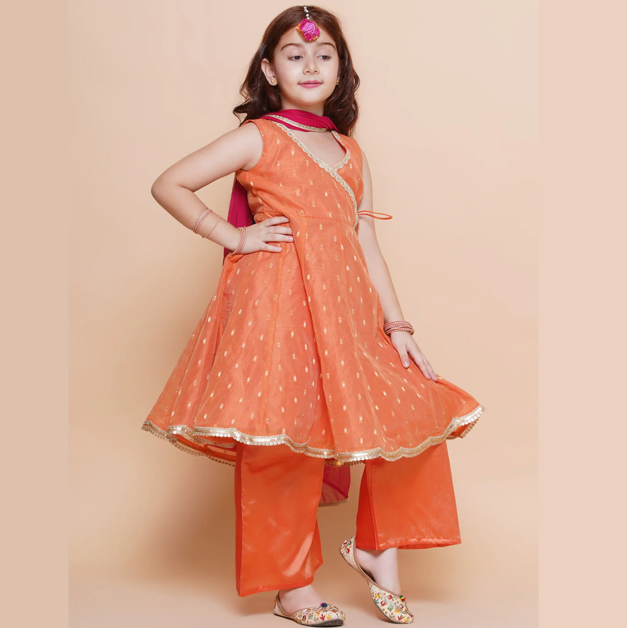Girls Peach Orange Booti Angrakha Gotta Patti Kurta & Trousers set With Dupatta - Mitthu Kids Ethnic Wear