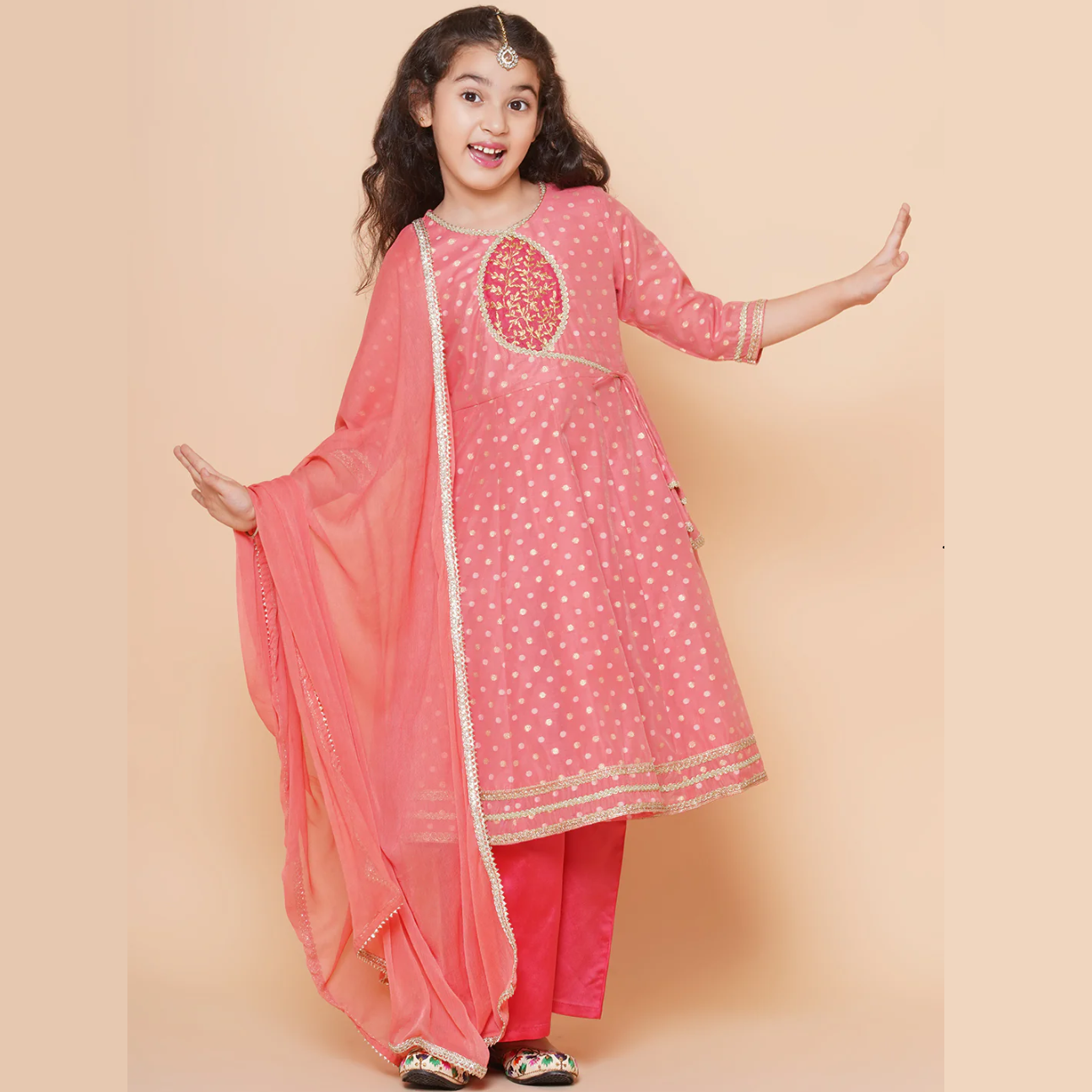 Girls Peach Self design Booti Angrakha Gotta Patti Kurta & with Trouser & Dupatta - Mitthu Kids Ethnic Wear