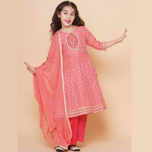 Girls Peach Self design Booti Angrakha Gotta Patti Kurta & with Trouser & Dupatta - Mitthu Kids Ethnic Wear