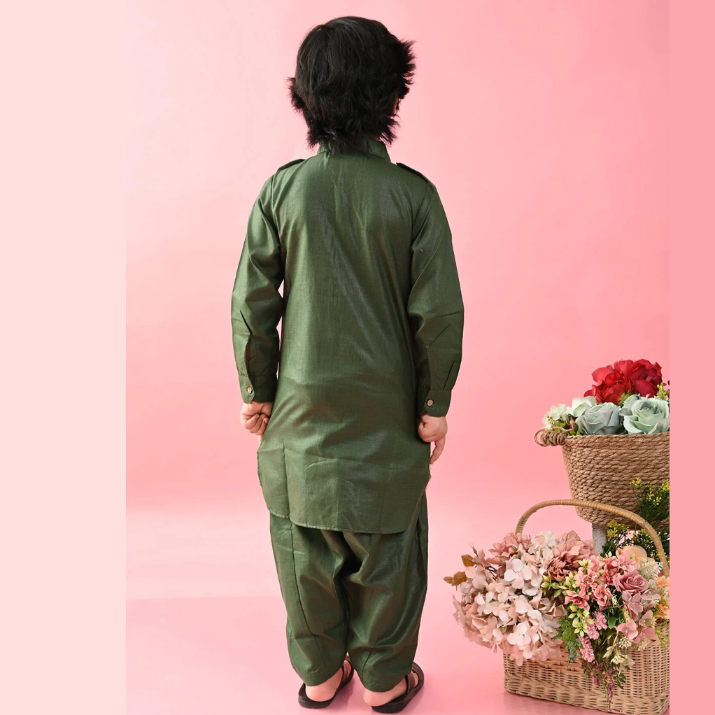 Boys Green Cotton Pathani Kurta Set - Mitthu Kids Ethnic Wear