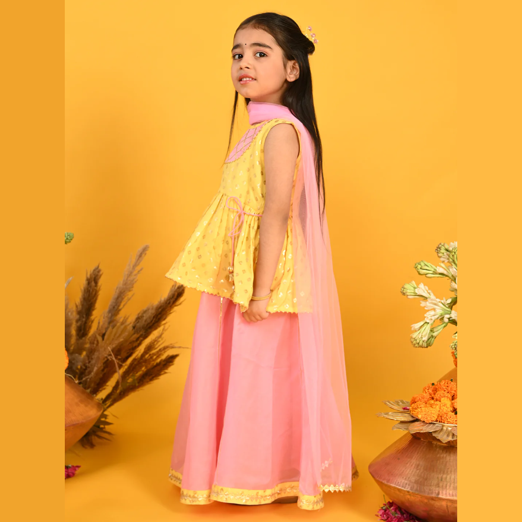 Girls Printed Lehenga Choli With Dupatta - Yellow & Pink - Mitthu Kids Ethnic Wear