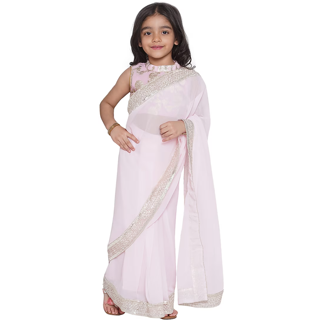 Girls Ready to Wear Georgette Saree with Embroidered Blouse - Pink - Mitthu Kids Ethnic Wear