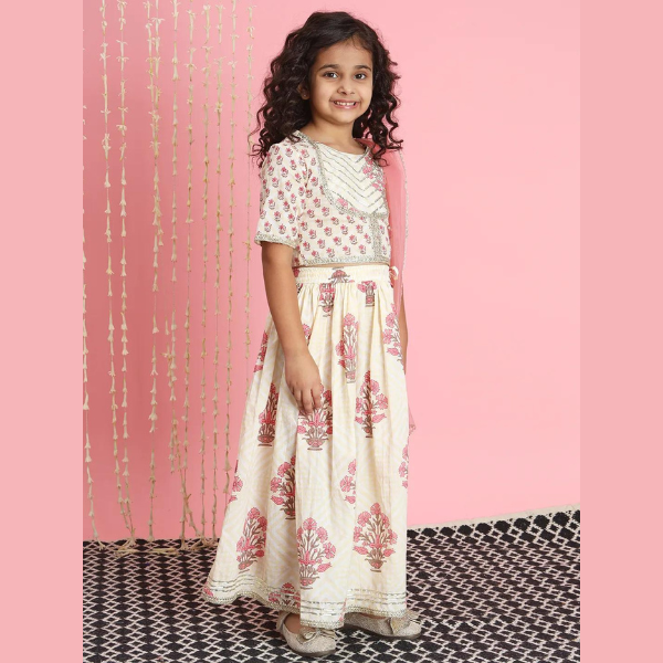 Straight Style Cotton Fabric Cream Color Lehenga Choli With Dupatta - Infant - Mitthu Kids Ethnic Wear