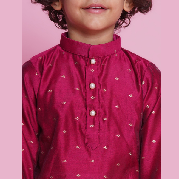 Cotton Silk Full Sleeves Zari Embroidered Kurta with Pyjama -Hot Pink - Mitthu Kids Ethnic Wear