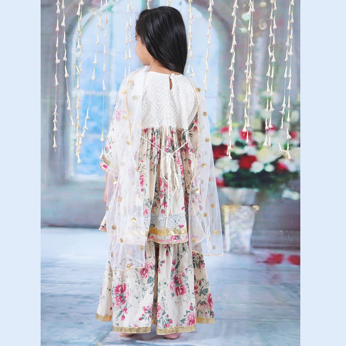 Girls Cotton Kurta Sharara and Dupatta with Floral Print - Beige & Off-White - Mitthu Kids Ethnic Wear