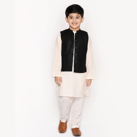 Boys Cotton Kurta & Pyjama With Nehru Jacket - Mitthu Kids Ethnic Wear