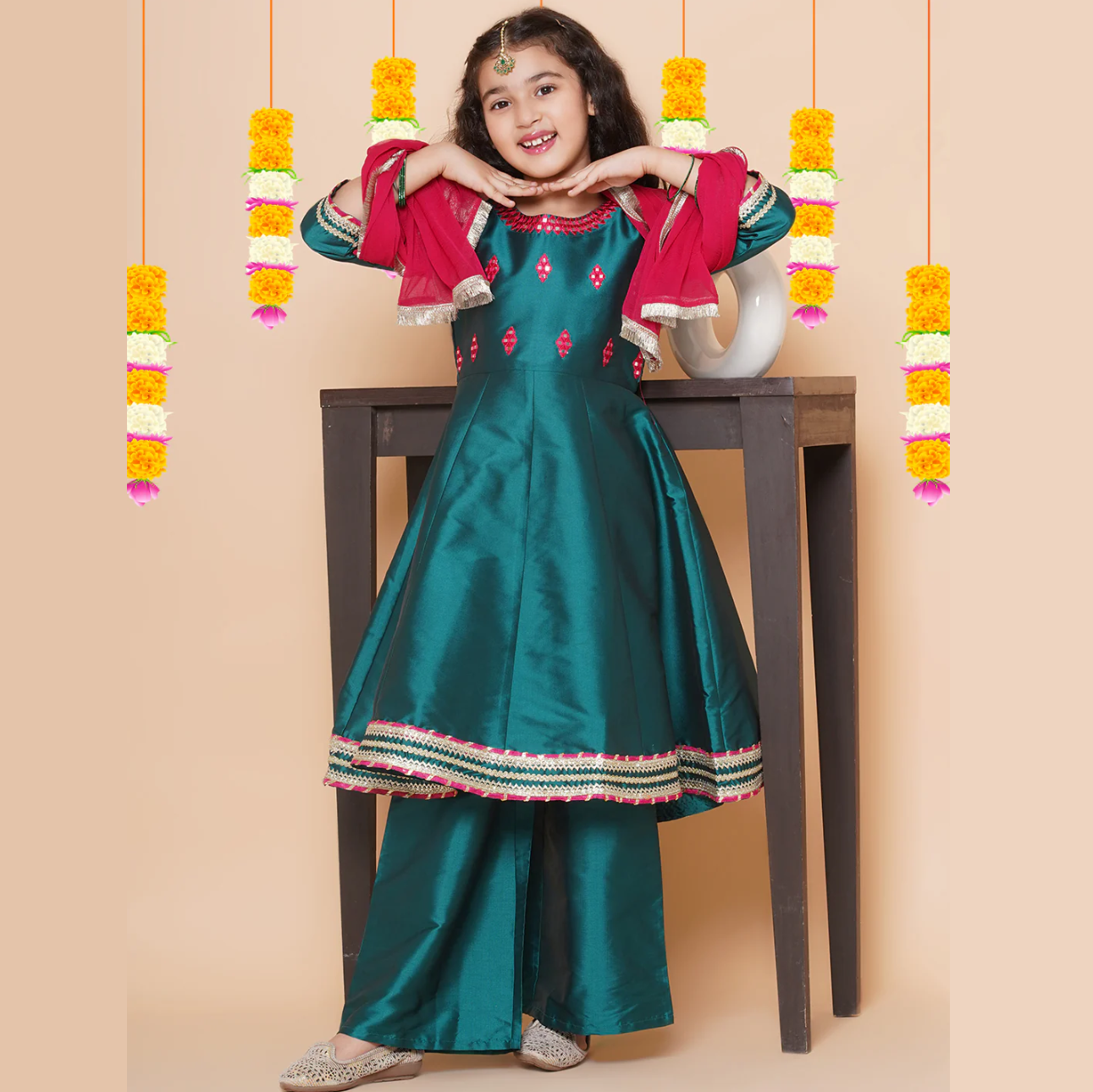 Girls Green Embroidered Round neck Flared Aanarkali Kurta with Palazzos With Dupatta - Mitthu Kids Ethnic Wear