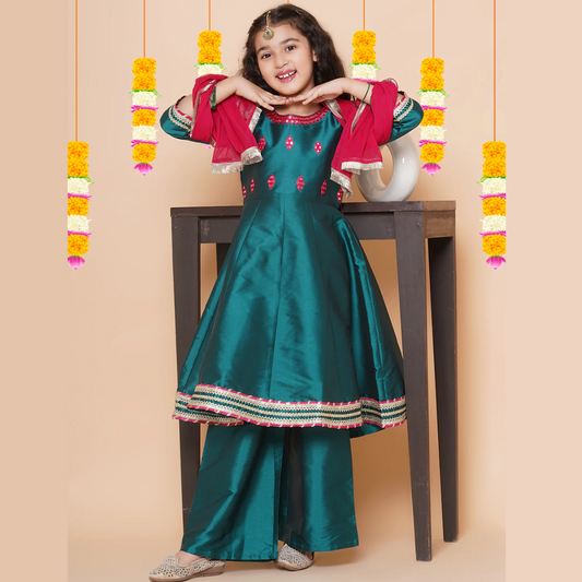 Girls Green Embroidered Round neck Flared Aanarkali Kurta with Palazzos With Dupatta - Mitthu Kids Ethnic Wear