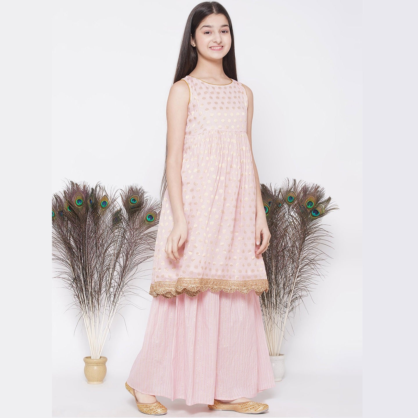 Banarsi Floral Work Frock Style Kurta With Golden Striped Sharara With Dupatta - Mitthu Kids Ethnic Wear