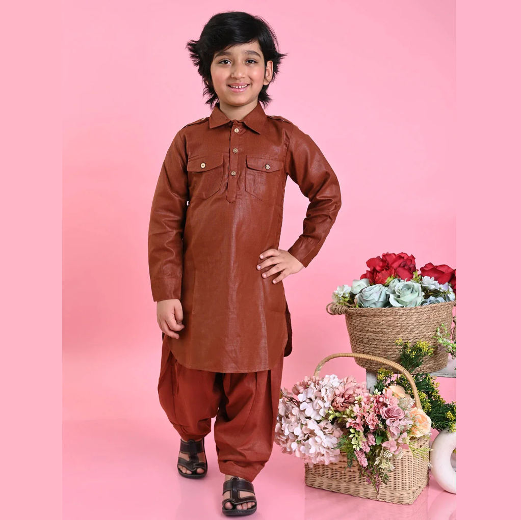 Boys Brown Cotton Pathani Kurta Set - Mitthu Kids Ethnic Wear