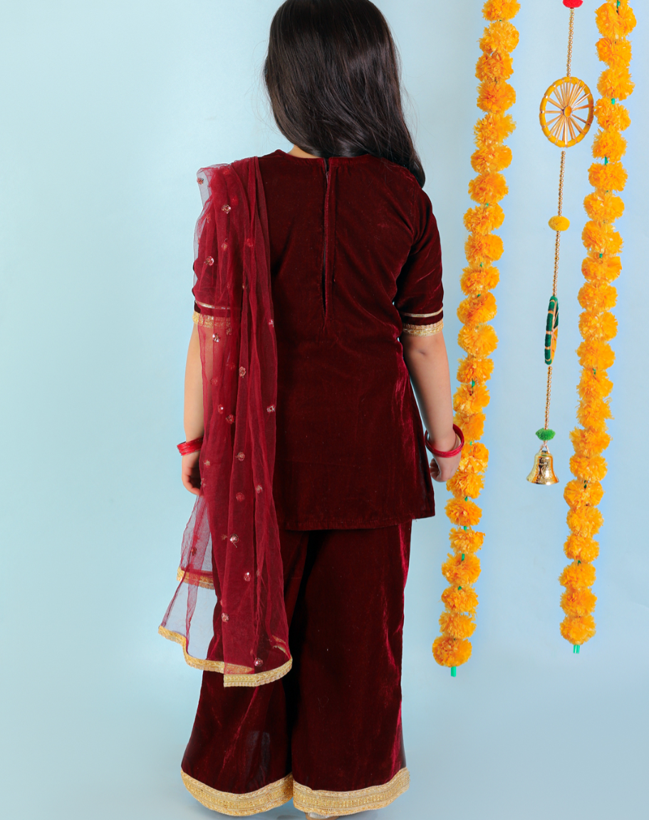 Girls Maroon & Gold Velvet Sharara Set with dupatta - Mitthu Kids Ethnic Wear
