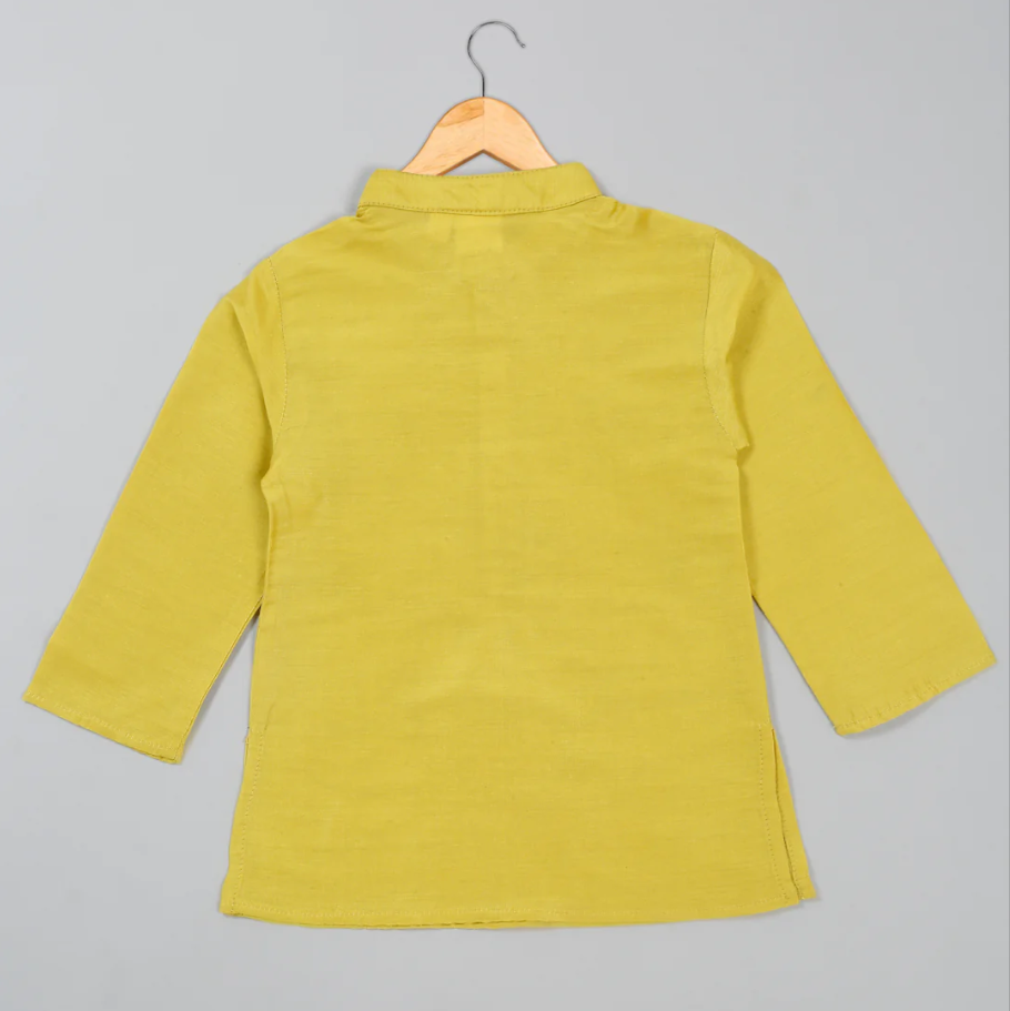 Boys' Lime Green Kurta Pajama With Blue Printed Jacket Ensemble - Mitthu Kids Ethnic Wear