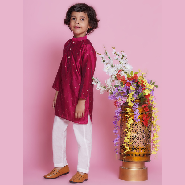 Cotton Silk Full Sleeves Zari Embroidered Kurta with Pyjama -Hot Pink - Mitthu Kids Ethnic Wear