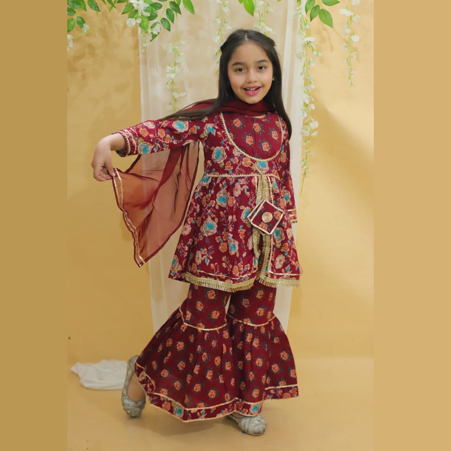Girls Angrakha Style Kurti with Sharara Pants - Maroon - Mitthu Kids Ethnic Wear