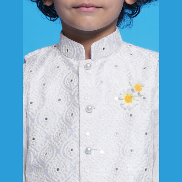 Cream Embroidered Nehru Jacket Set - Mitthu Kids Ethnic Wear