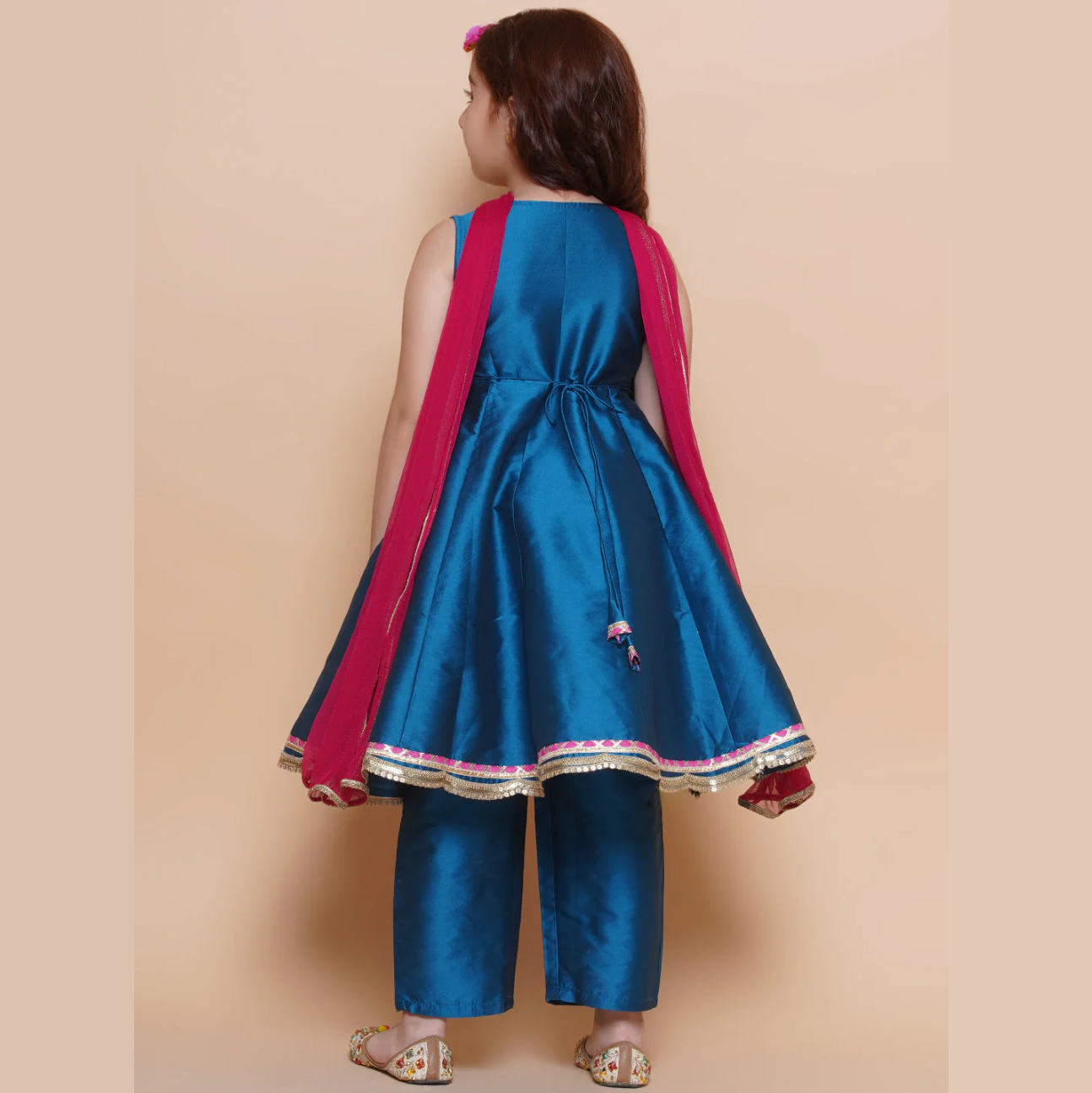 Girls Blue Embroidered Angrakha Kurta with Trousers set With Dupatta - Mitthu Kids Ethnic Wear