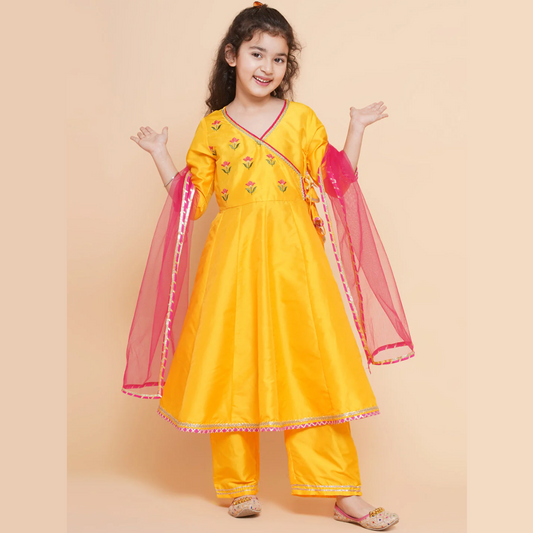 Girls Yellow Embroidered Angrakha Kurta With Trousers & Dupatta - Mitthu Kids Ethnic Wear