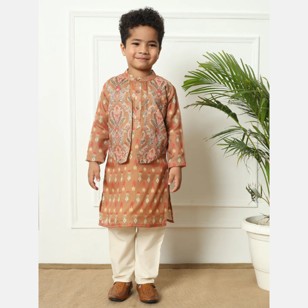 Boys Straight Style Kota Doria Fabric Brown Color Kurta and Pyjama With Attached Jacket - Mitthu Kids Ethnic Wear