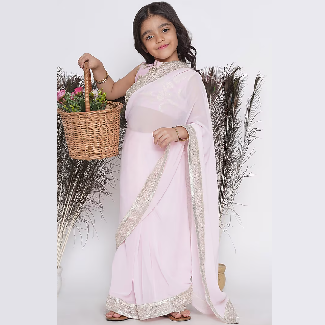Girls Ready to Wear Georgette Saree with Embroidered Blouse - Pink - Mitthu Kids Ethnic Wear