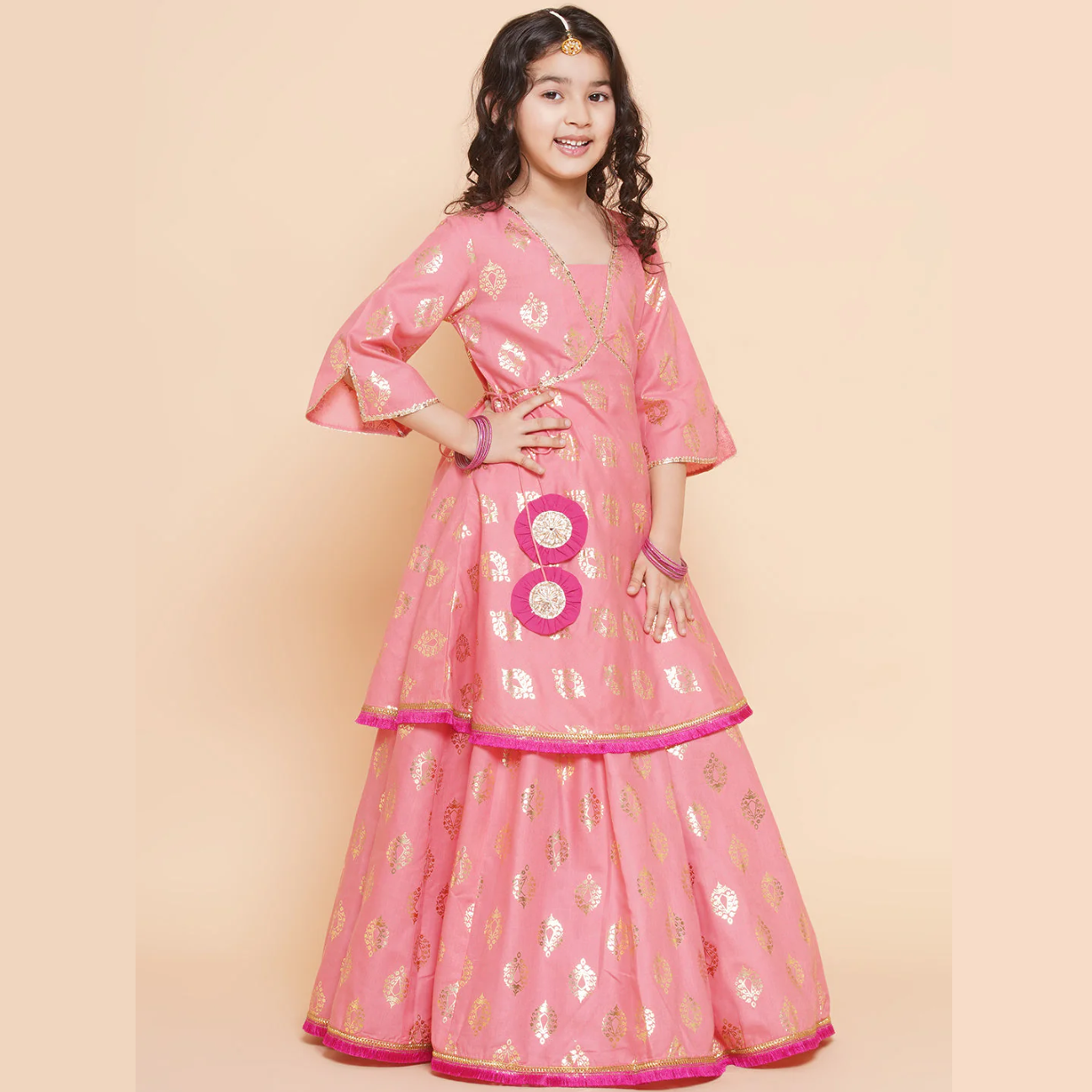 Girls Peach Foil Printed Lace Work Lehenga,Choli With Dupatta - Mitthu Kids Ethnic Wear