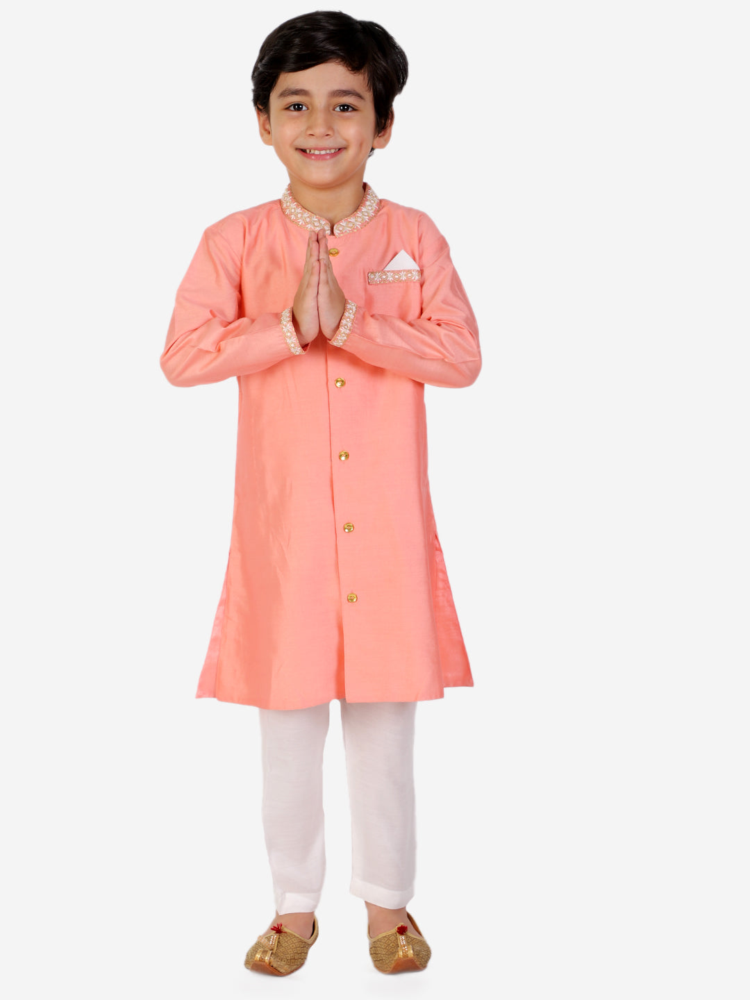 Peach Sherwani Style Kurta Pyjama - Mitthu Kids Ethnic Wear