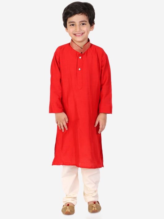 Golden Lace Collar Kurta Pajama Set- Red - Mitthu Kids Ethnic Wear