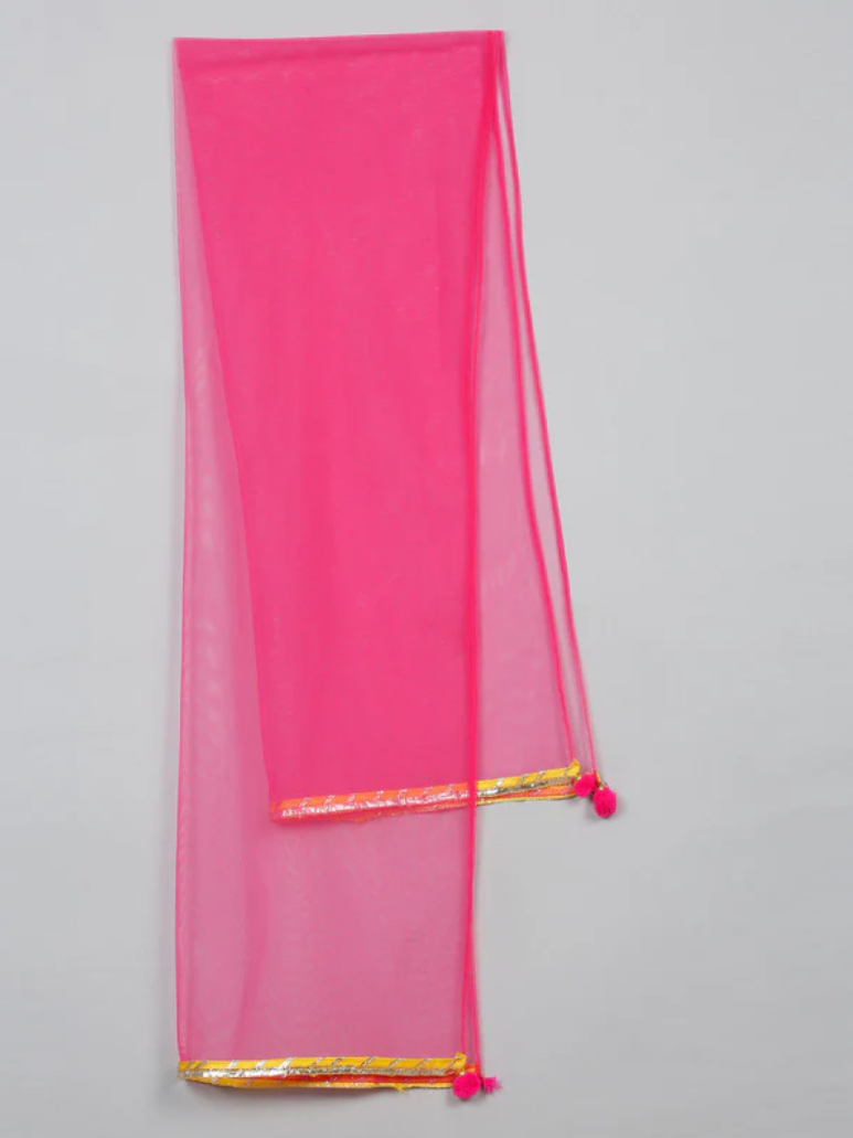 Majenta Lehenga & Yellow Cotton Choli with Dupatta Attached With Potli Bag Set - Mitthu Kids Ethnic Wear