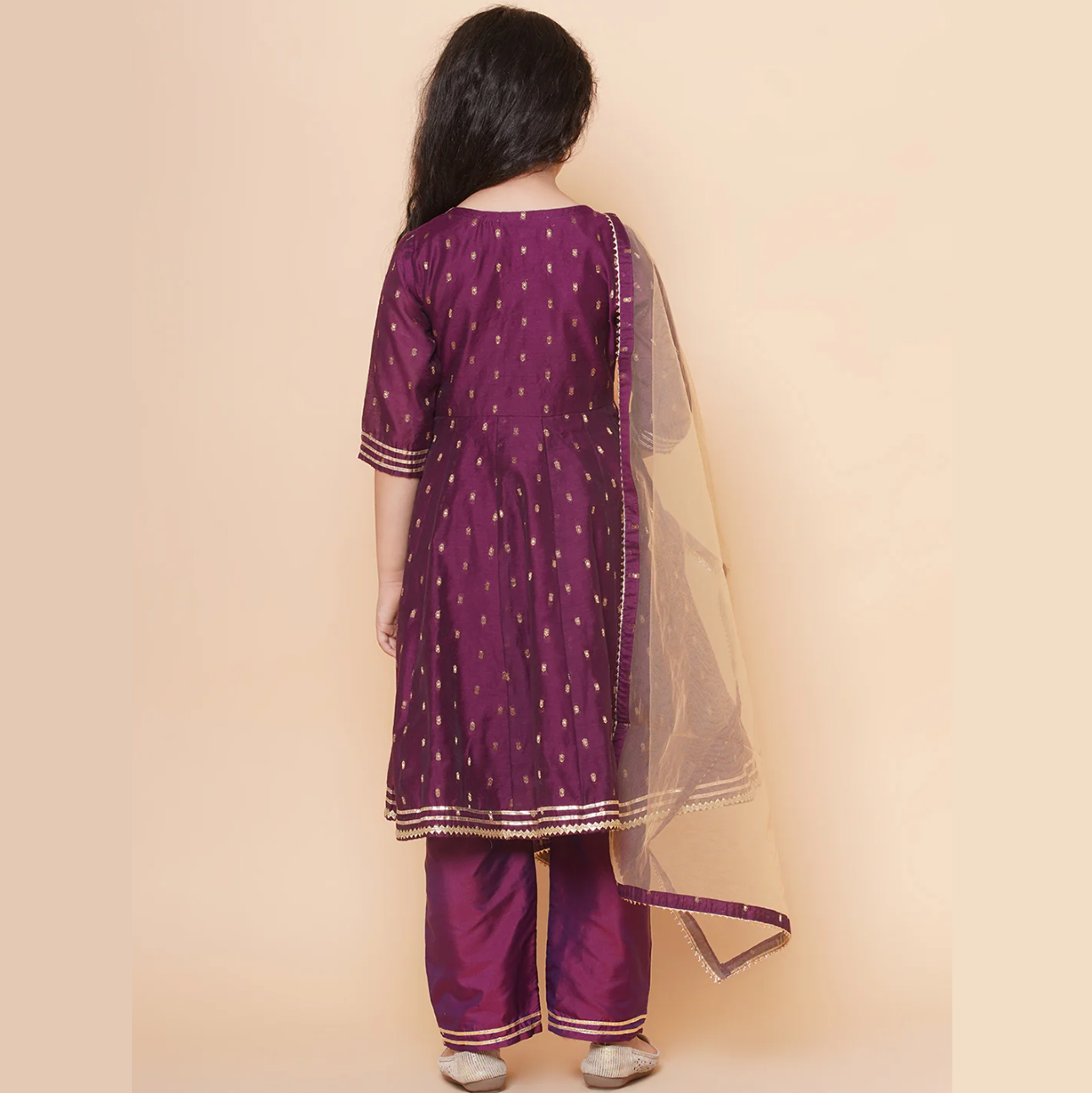 Girls Burgundy self design Angrakha Gotta Patti Kurta & Trousers set With Dupatta - Mitthu Kids Ethnic Wear