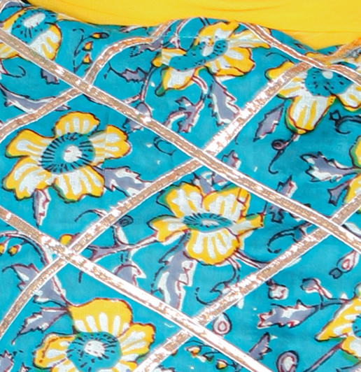 Jaipuri Print Gotta Work Yellow & Blue Lehenga Choli & Dupatta - Mitthu Kids Ethnic Wear