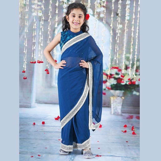 Girls Ready to Wear Georgette Saree with Embroidered Blouse - Blue - Mitthu Kids Ethnic Wear