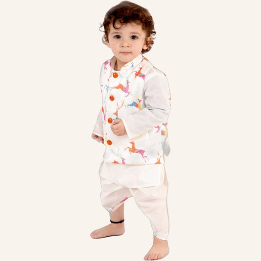 Kurta Dhoti With Deer Print Jacket - Mitthu Kids Ethnic Wear