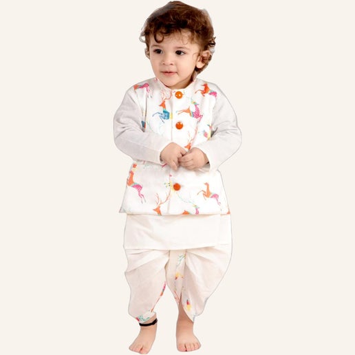 Kurta Dhoti With Deer Print Jacket - Mitthu Kids Ethnic Wear
