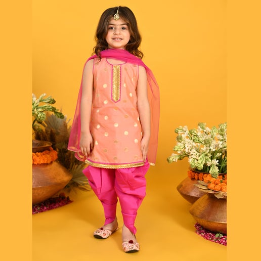 Peach & Magenta Festive Dhoti Kurta For Girls - Mitthu Kids Ethnic Wear