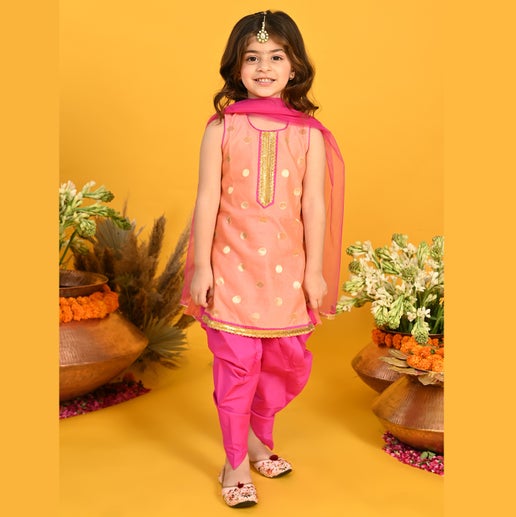 Peach & Magenta Festive Dhoti Kurta For Girls - Mitthu Kids Ethnic Wear