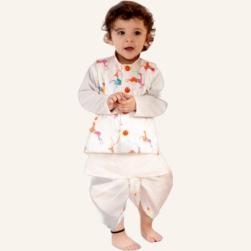 Kurta Dhoti With Deer Print Jacket - Mitthu Kids Ethnic Wear
