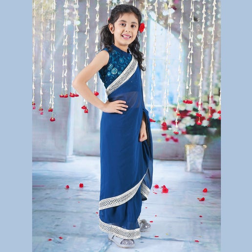 Girls Ready to Wear Georgette Saree with Embroidered Blouse - Blue - Mitthu Kids Ethnic Wear