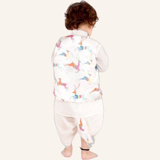 Kurta Dhoti With Deer Print Jacket - Mitthu Kids Ethnic Wear