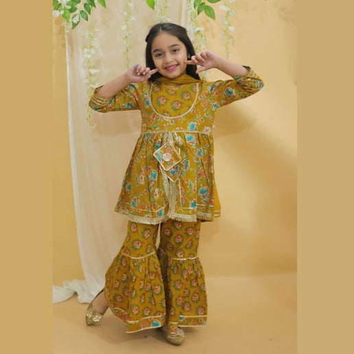 Girls Angrakha Style Kurti with Sharara Pants - Mustard Yellow - Mitthu Kids Ethnic Wear