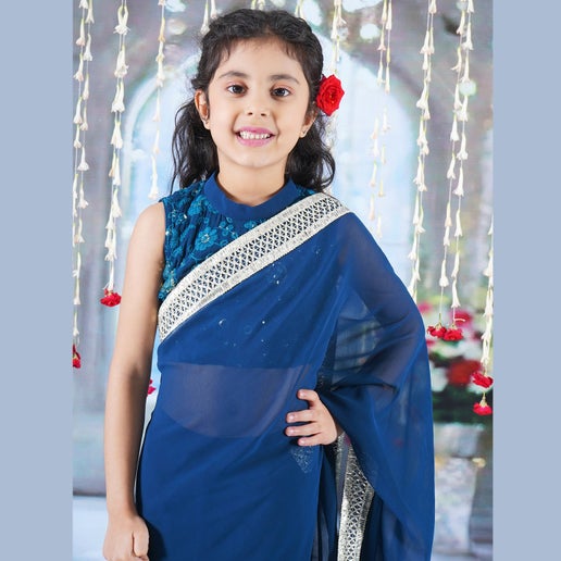 Girls Ready to Wear Georgette Saree with Embroidered Blouse - Blue - Mitthu Kids Ethnic Wear
