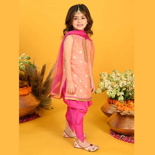 Peach & Magenta Festive Dhoti Kurta For Girls - Mitthu Kids Ethnic Wear
