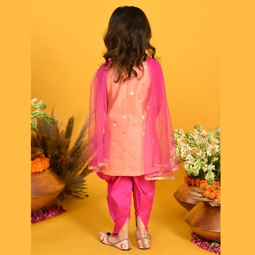 Peach & Magenta Festive Dhoti Kurta For Girls - Mitthu Kids Ethnic Wear