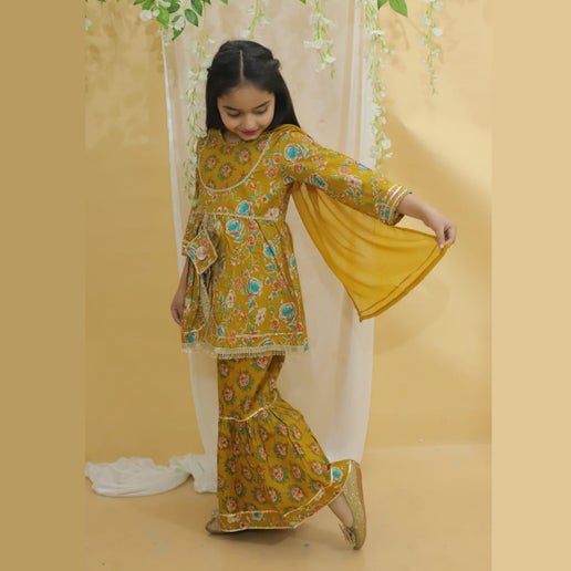 Girls Angrakha Style Kurti with Sharara Pants - Mustard Yellow - Mitthu Kids Ethnic Wear