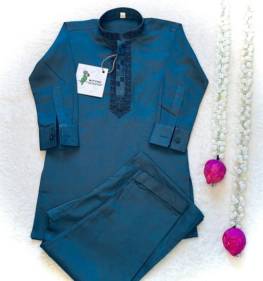 Steel Blue Color Kurta Pyjama - Mitthu Kids Ethnic Wear